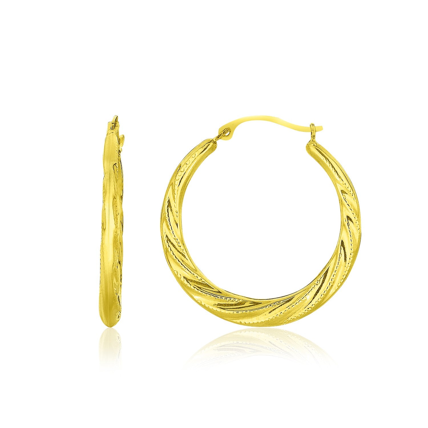 10k Yellow Gold Graduated Twisted Hoop Earrings in a sleek high-contrast midnight luxury editorial style